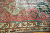 Antique Malayer runner: blush field, pale oxidized copper green motifs, 'pawn' border, and visible wear.