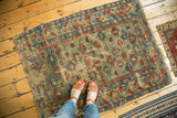 Showing the scale and storied condition of an antique Caucasian rug with a rare green field.