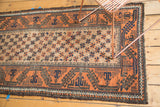 Vintage Belouch rug's rust and charcoal rectilinear border, starburst field, tattered edge.