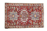 Hand-knotted vintage Karaja rug, triple medallion in cherry red, sky blue, and blush, 2' x 3'1