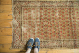 Faded saffron and terra cotta germinating flower pattern on a worn Mir Arak rug end.