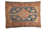 Vintage Kurdish Malayer rug, indigo blue field, rust orange diamond medallion, and cyprus trees.