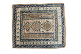 Vintage Caucasian square rug with asymmetric geometric triple medallion, cobalt blue, charcoal, and beige, 3'6