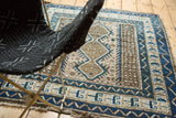 Vintage Caucasian rug, geometric cobalt blue, brown, and silver with pearl fills.