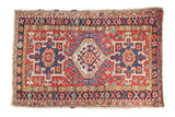 Vintage Karaja hand-knotted rug with triple medallion, cinnabar red field, navy, ivory, circa 1940s.