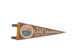 Gray felt Lake Champlain pennant flag with ferry boat image, mustard border, 5.5