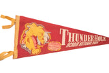 Angled vintage red felt pennant featuring map of Mount Desert Island and cream text.