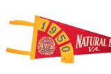 Detailed graphic of the Natural Bridge and the arched 1950 date on a vintage red felt pennant.