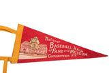 Vintage red felt flag with yellow trim, showing Baseball Hall of Fame illustration and text.