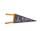 Vintage dark blue Mt. Greylock felt pennant with beacon graphic, 5x12 inches.