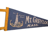 Mt. Greylock Massachusetts vintage felt flag: War Memorial Beacon illustration on blue.