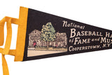 Black felt pennant featuring the vintage multicolor Baseball Hall of Fame museum building.
