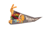 Vintage grey felt pennant with Native American chief, colorful real feathers, Watkins Glen NY.