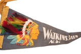 Colorful chief headdress with actual feathers on the vintage Watkins Glen felt flag.