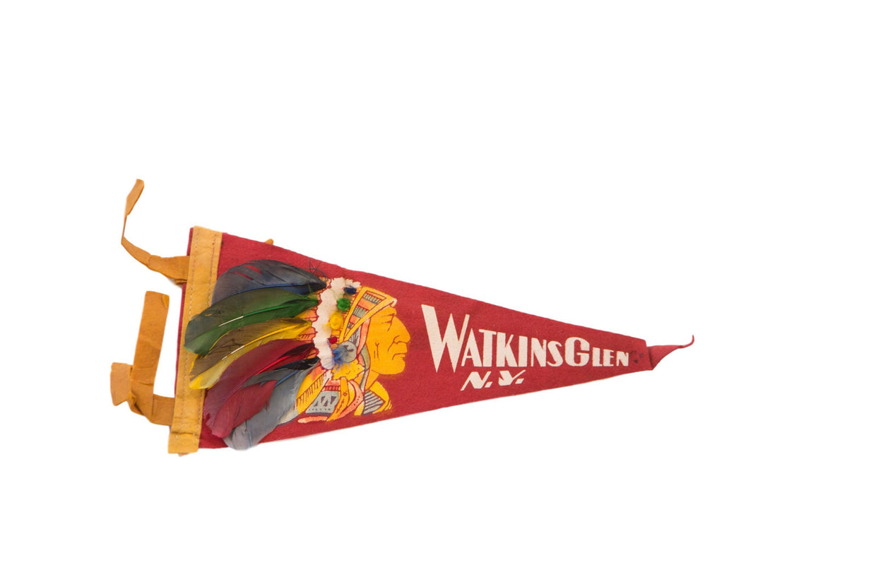 Red Watkins Glen NY Headdress Native American Felt Flag // ONH Item 3795