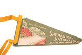 Vintage green felt pennant with yellow ties, showing Stony Man Mountain and park text.