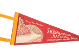 Left side of vintage red felt pennant, yellow binding, and Stony Man Mountain graphic.