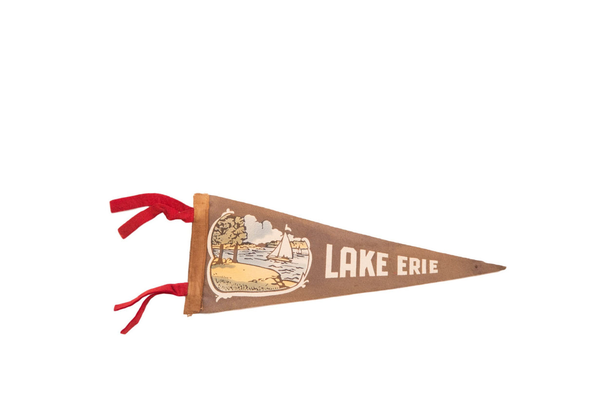 Antique Gray Lake Erie Sailboat Felt Flag // ONH Item 3800