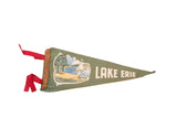 Antique olive green felt pennant flag with Lake Erie scene, sailboats, red ties, 5x12.