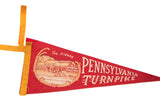 Vintage red felt Pennsylvania Turnpike pennant featuring 'The Midway' graphic and yellow ties.