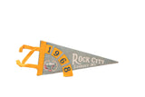 Vintage gray-blue felt Rock City 1968 pennant, arched numbers, biplane and plant design.