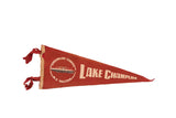 Vintage red felt pennant flag with white Streamline Ferries Lake Champlain graphic.