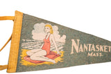 Printed blonde woman in red suit on vintage felt pennant, showing 'Nantasket Mass.' text.