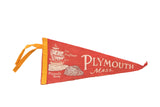 Vintage red felt Plymouth Mass. pennant, Mayflower ship, Plymouth Rock, 4.5x11 inches.