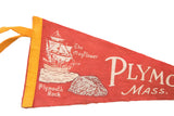 Vintage red felt pennant detail, yellow binding, Mayflower ship, Plymouth Rock text.