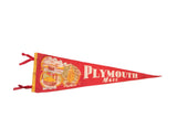 Red felt Plymouth Massachusetts pennant with Mayflower, Plymouth Rock, and Pilgrim Maiden scenes, 8