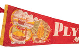 Vintage red felt pennant with Mayflower, Plymouth Rock, and Pilgrim Maiden illustrations.