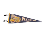 Vintage blue felt Plymouth Mass. flag pennant featuring Mayflower, Plymouth Rock, Pilgrim Maiden.