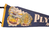 Vintage blue felt Plymouth flag showing Mayflower 1680 illustration and yellow edge.