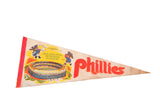 1970s Phillies Philadelphia Veterans Stadium felt flag, featuring colorful mascots, 12x28 inches.