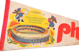 1970s Phillies felt flag with mascot Phillis, stadium name, and bold red 'Ph'.