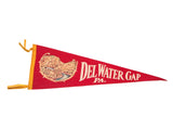 Vintage red felt Del Water Gap PA flag pennant with landscape imagery.