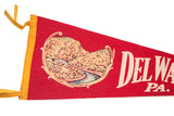Detail of vintage Del Water Gap PA red felt pennant, with lightly colored landscape imagery.