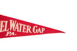 Close-up of vintage red felt pennant showing white 'WATER GAP' lettering and pointed end.