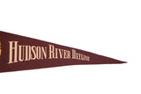 Side view of vintage Hudson River Dayline felt pennant with cream lettering on maroon.