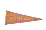 Vintage Williams College felt pennant flag, yellow seal and text on muted maroon felt, 8x26 inches.