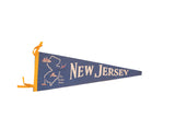 Vintage New Jersey Garden State felt pennant in navy blue with map and white text.