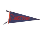 Vintage Extra Large Pennsylvania felt flag, navy blue with bold maroon capital lettering, 11x27 inches.