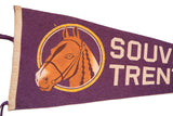 Vintage purple felt pennant showing brown horse graphic, yellow-white circle, and 'Souvenir Trenton' text.