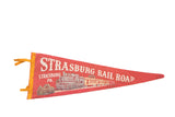 Vintage red felt pennant flag with white Strasburg Railroad train graphic, 8x26 inches.
