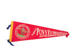 Vintage red felt flag pennant with multicolor Pony Express rider graphic for Gothenburg, Nebraska, 8x26 inches.