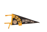 Vintage 1948 Bushkill Falls PA felt flag in black with yellow and blue graphic details.