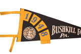 Detail of blue '1948' numbers and circular waterfall graphic on a black felt pennant.