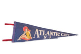 Vintage blue felt Atlantic City NJ flag, swimsuit woman graphic and white text, 8x26 inches.