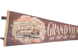 Vintage brown-gray felt pennant featuring Grandview-Ship Hotel illustration with subtle red colors.