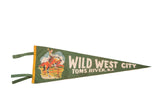 Vintage green felt pennant featuring cowboy on horse art, Wild West City Toms River.